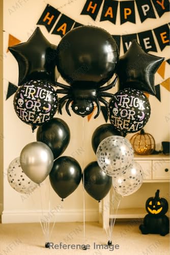 Image of AMFIN (Pack of 11) Halloween Spider Balloon Decoration Set - Black Spider Foil Balloon, inchTrick or Treat inch Round Balloons, 2 black star balloons - Spooky Halloween Party Supplies for Kids & Adults