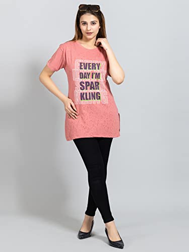 Image of Magknit Fancy Printed Both Side Cut Cotton Blend Half Sleeves and Lightwiegt Trendy Summer Long T Shirt for Women