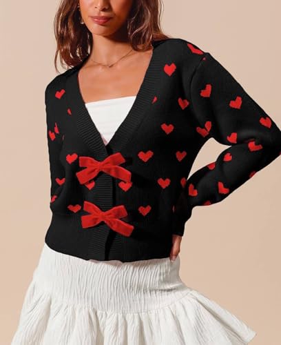 Image of Valentine's Day Cardigan Sweaters for Women Love Heart Print Button Down Cropped Cardigans Y2K Open Front Knit Sweater