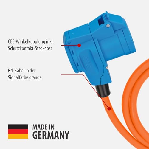 Brennenstuhl Camping CEE-Verlängerungskabel mit CEE-Stecker und Winkelkupplung inkl. Schutzkontakt-Kombisteckdose (10m Kabel in orange, 230V/16A, Einsatz im Außenbereich, Made in Germany)