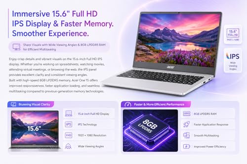 Image of Acer One 15 Laptop (AO15-41M-G2) | AMD Ryzen 3 7320U Processor | 8GB LPDDR5 RAM | 512GB NVMe SSD | 15.6 inch Full HD IPS Display | Windows 11 Home | HD Webcam | Long Battery Life.