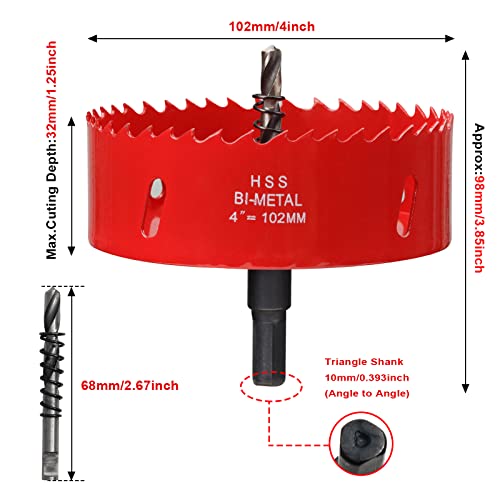 Hole Saw 4” (102mm) for Wood, HSS Bi-Metal Hole Cutter with Pilot Drill Bit for Plastic, Plastboard, Cornhole, Ceiling and Drywall