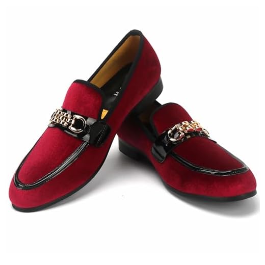 XQWFH Men's Velvet Loafers,Mens Dress Shoes with Gold Chain, Slip On Flats Smoking Slippers Penny Shoes for Men,Red