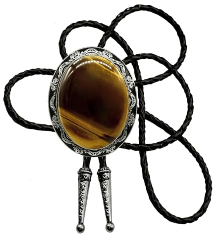 Image of Moranse Bolo Tie with Natural Tiger Eye Stone Celtic Style Genuine and Cowhide Rope