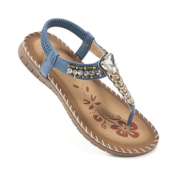HARENCE Womens Flip Flops Summer Flats Sandals for Women with Rhinestone Beaded Ankle T-Strap Thong Elastic Beach Sandal…