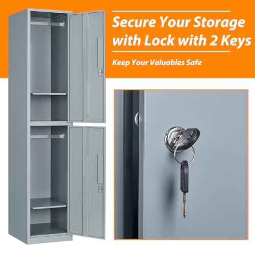Image of Metal Locker for Home, Dressing Room, 71 inch Steel Storage Lockers for Employees, Lockable Locker Cabinet with 2 Doors (Grey)