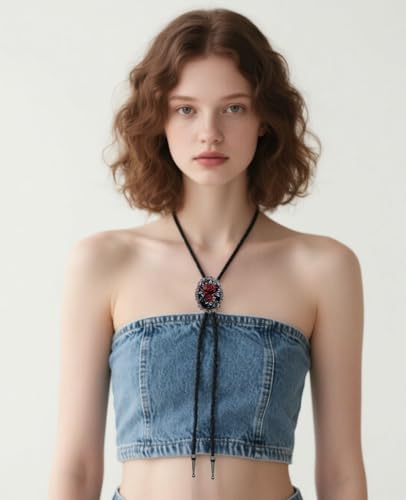 Image of PEARLY JUN Bolo Tie for Women Men Flower Rose Western Cowboy Brown Leather Country Style String Vest Gifts