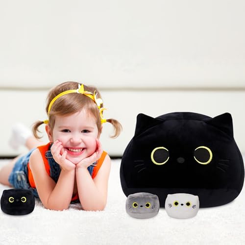 Image of WeBingo Black Cat Plush Toy 4-Piece Set, 16'' Giant Cat Stuffed Animal Plushies Pillow with 3 Babies for Girl Boy Kid Adult, Large Big Soft Gift for Birthday Christmas Valentine's Day Home Decor