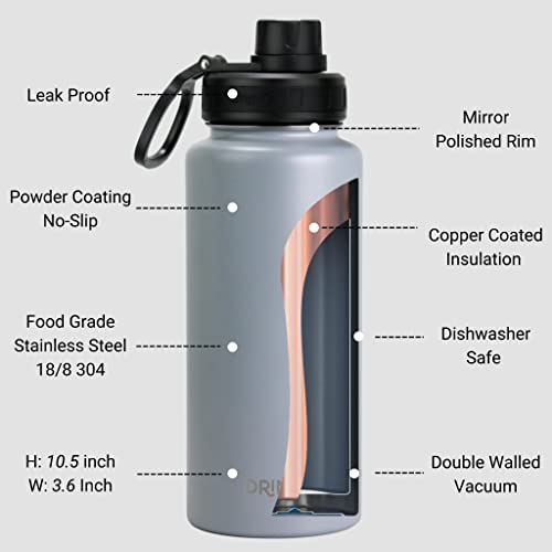 Image of Drinco Stainless Steel Water Bottle Spout Lid Vacuum Insulated Double Wall Water Bottle Wide Mouth Leak Proof Keep Cold Sport Camping Hiking (32oz Grey)