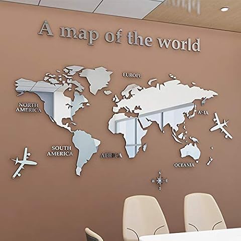 3D World Map Stickers Wall Decoration Art Sticker for Office Study Living Room Bedroom Sofa Background Room Decor Wall Decals Stickers (180 * 100cm, Silver) Cover