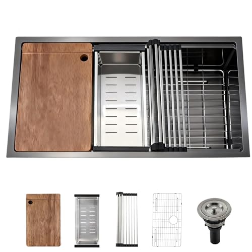 Stainless Steel Kitchen Sink: 30-Inch Undermount Single Bowl Farmhouse Workstation Sink - Noise Reducing Design & Accessories Included (Black, Model 3018)