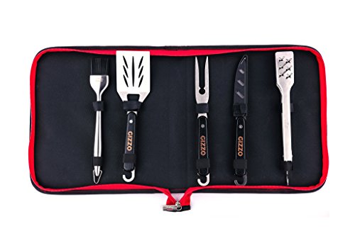Gizzo 5 Piezas Set Barbacoa Utensilios Parrilla Barbacoa con Estuche para Acampar - Prima Extra Madera Acero Inoxidable Set Barbacoa Accesorios Parrilla Regalos para Hombres