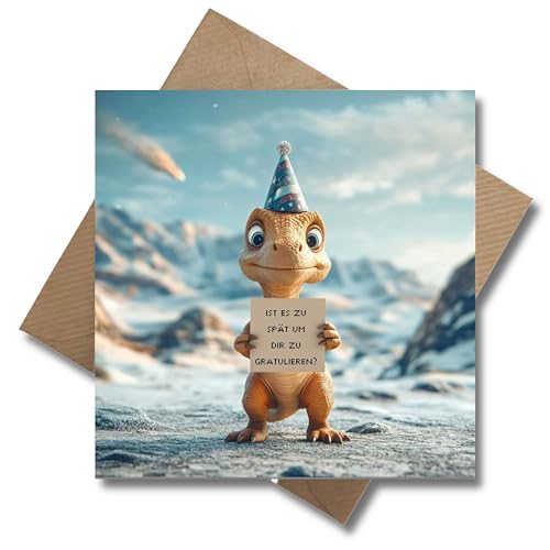 WBdesignz Geburtstag Karte mit Umschlag - Geburtstagskarte mit Spruch Dino Nachträglich Glückwunsch Verspätet Alles Gute Happy Birthday (125 x 125 mm) WBdesignz Geburtstag Karte mit Umschlag - Geburtstagskarte mit Spruch Dino Nachträglich Glückwunsch Verspätet Alles Gute Happy Birthday (125 x 125 mm)
