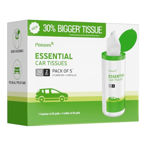 Perisafe Essential Car Tissues Pack of 5 (50 pulls 2 ply–250 pulls) | Fits in All Type of Car Cup Holder| Easily Accessible |Soft, Eco Friendly & Chem