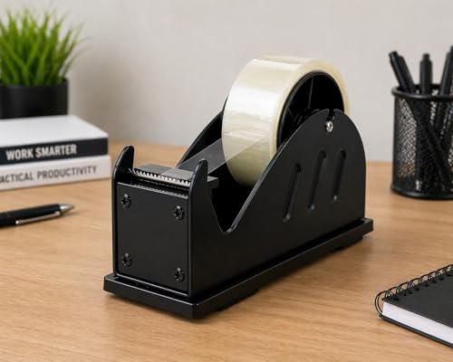 Image of VELLONN Heavy Duty Tape Dispenser 2 Inch (50mm) - Metal Packing Tape Cutter with Anti-Slip Base for Office, Warehouse, Packaging & Desk Use (Black)