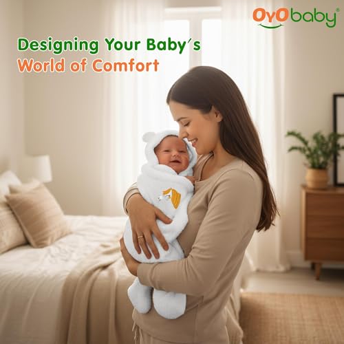 Image of OYO BABY Ultra Soft & Breathable Fabric | Wearable Hooded Swaddle Blanket for Newborns | Sleeping Bag Style Wrap | Keeps Baby Warm & Secure | Easy to Use | 0-6 Months (72x68 cm) | Unicorn White
