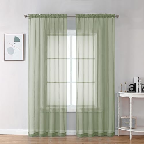 Image of Chyhomenyc Sheer Sage Green Curtains 90 inches Long 2 Panels, Light Filtering Soft Airy Solid Elegant Voile Window Treatment Drapes for Bedroom Living Room Wedding Party Decor, 42 Wx90 L Inches