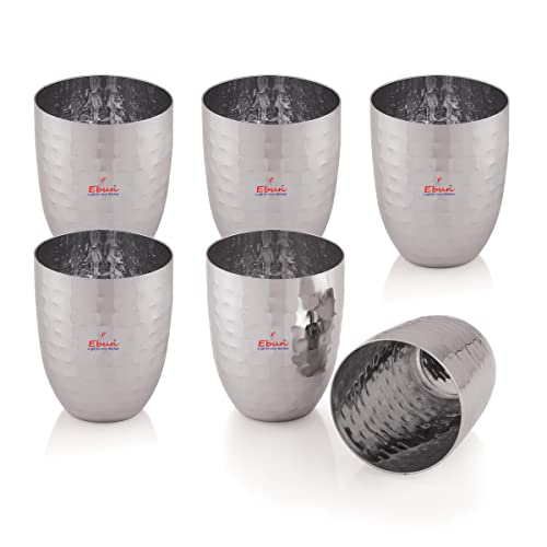 Image of Ebun Stainless Steel Hand Hammered Design Heavy Gauge Drinking Glass | Tumbler with Hammered Beaded Design, for Drinking Serving Water Set 6 Pieces 300 Ml
