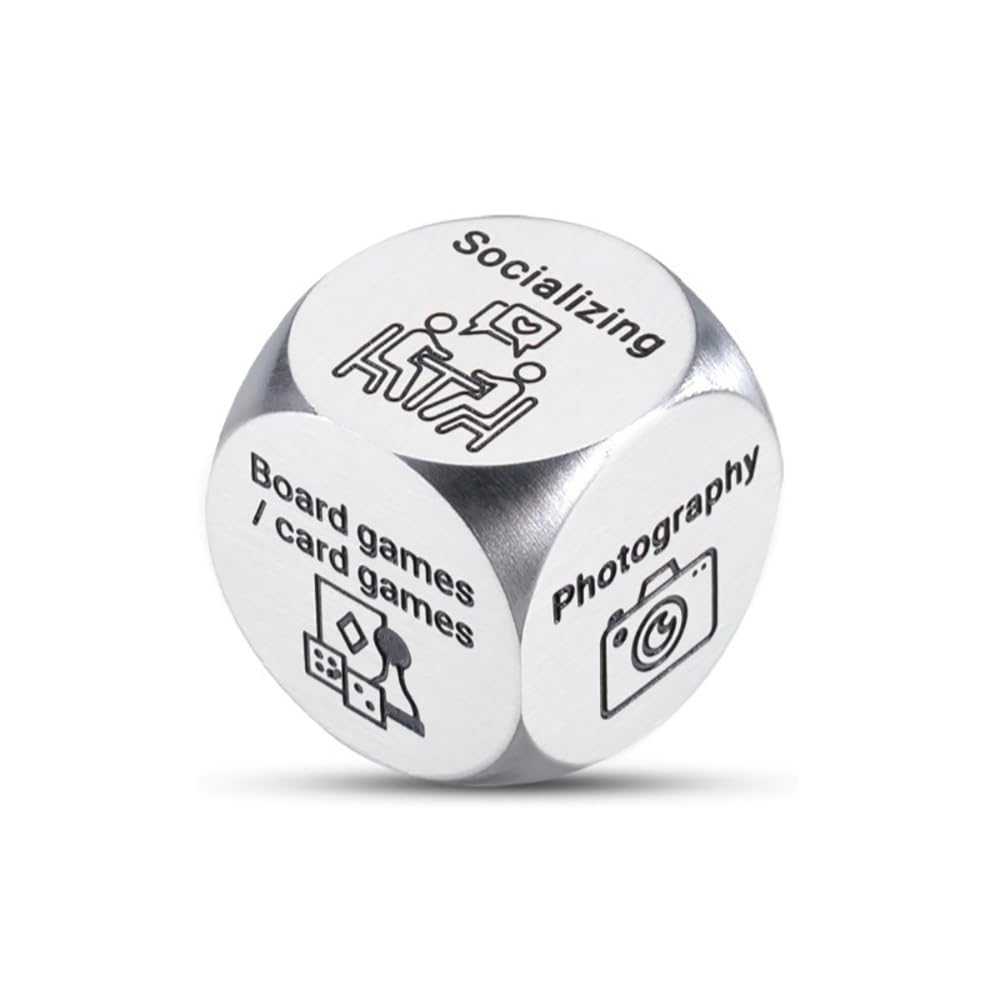 1-Pack Decision Dice .Activity and Food Dice, 0.63 Inch, Aluminium, Silver, for Video Gaming, Outdoor Activities, Cooking, Reading, Traveling, Pets, Pizza, Burger, Chicken, Shopping, Movie Night (6)