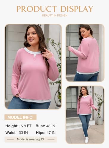 Image of Eytino Women Plus Size Fall Tops Patchwork Shirts(1X-5X) | Casual Crewneck Long Sleeve,Fashion Color Block Basic Tees,Loose Fit Blouse