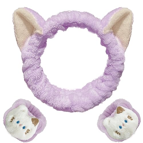 WHAVEL 3PCS Spa Headband and Wristband Set, Cute Cat Ears Headband for Washing Face Makeup, Face Wash Wrist Bands (Purple)