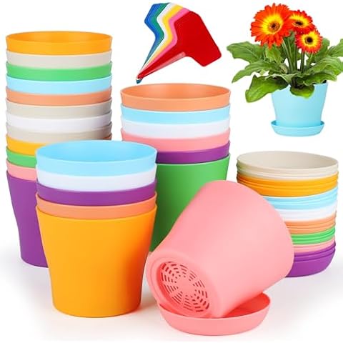 Aodaer 24 Pack 4 Inch Plastic Planters with Multiple Drainage Holes and Tray Indoor Outdoor Flower Plant Nursery Pots with Labels Flower Seedling Pots for Herb Garden Home Succulents, Assorted Colors Cover
