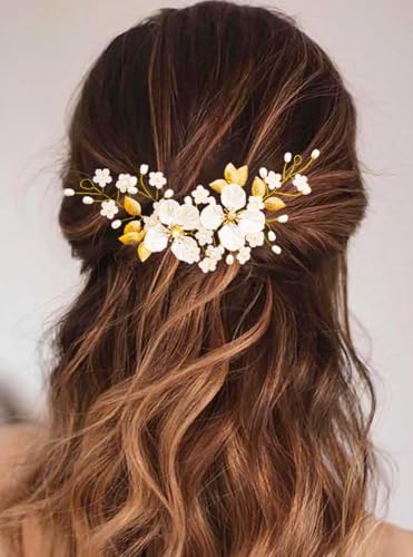 Edary - Diadema de novia para el pelo, para bodas, con flores doradas, accesorios para el cabello con hojas y perlas, para mujeres y niñas