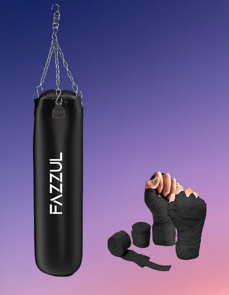 Image of Boxing Bag Punching Bag for Home Gym Heavy Duty with Stainless Steel Hanging Chain 2Feet Unfilled Synthetic Leather and Hand Wrap (MMA,Kickboxing,Muay Thai,Taekwondo,Judo,Karate) Black