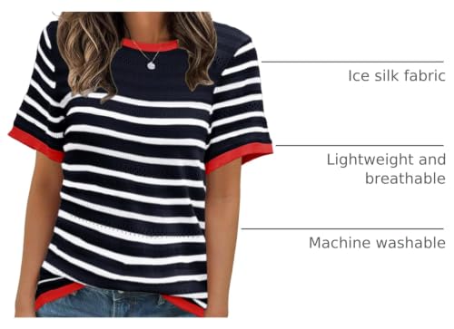 Image of ANCAPELION Women's Short Sleeve Sweater Top Striped Knit Crew Neck Pullover for Summer Trendy Shirts