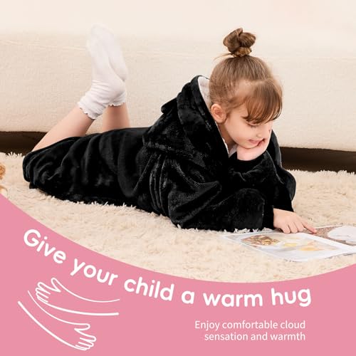 yescool Wearable Blanket Kids Hoodie, Birthday Teen Girls Gifts for 8-15 Year Old Kids Oversized Sweatshirt Sherpa Flannel Cozy Hooded Blanket with Pocket for Children, Youth Teens, One Size, Black