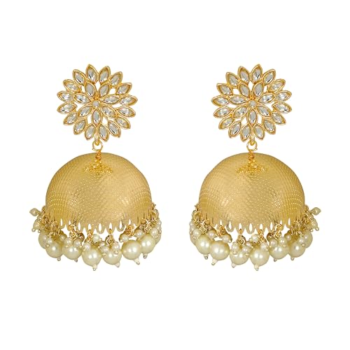 Ethnic Indian Gold-Toned Pearl and Kundan Stone Jhumka Earrings for Women