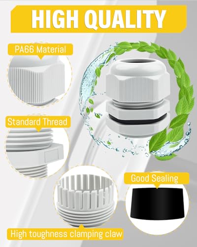 20 Pack M16 Cable Glands - Caianwin M16 IP68 Waterproof Conduit Fittings Flush Mounting for Electrical Boxes and Wall-Mounted Distribution Boxes
