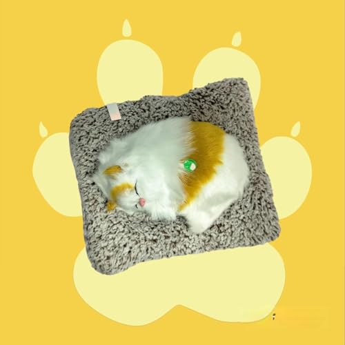 Image of Sleeping Cat Plush Toy with Press Simulation Sound, Sleeping Cat Stuffed Animal Fur Soft Toys with Sound for Kids Car Dashboard Cat & Office Desk (Tan & White)