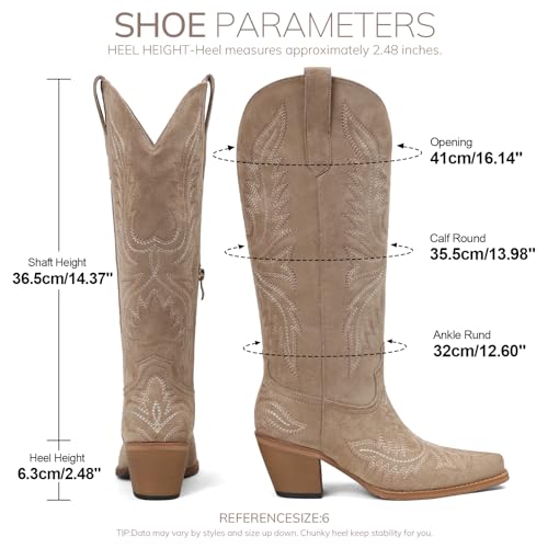Image of Tscoyuki Cowboy Boots for Women: Embroidered Western Knee High Boots Women - Pointed Toe Chunky Heel Cowgirl Tall Boots