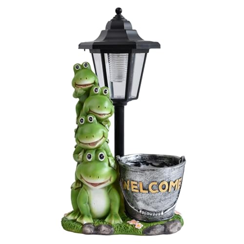 F Fityle Sculpture en résine représentant une grenouille de jardin avec seau et lampe solaire, pièce unique pour jardin ou terrasse.