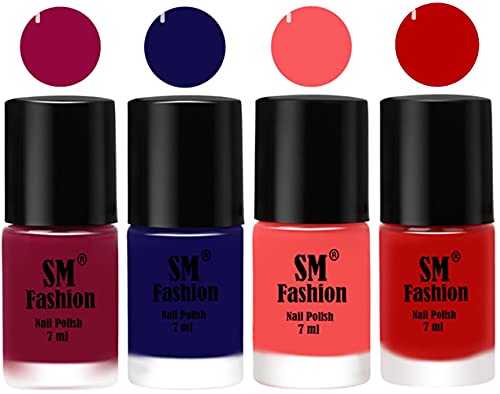 Image of Nail Polish Combo Set (Pack of 4) Quick Dry Gel Finish Nail Paint | Cherry Blossom,Dark Blue,Light Pink,Red | 7 ml Each