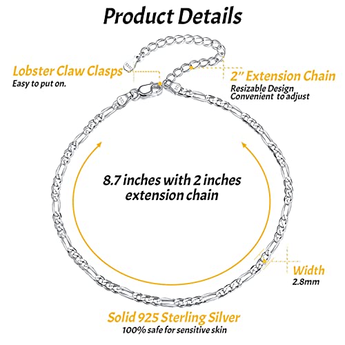 Chicsilver 2.8Mm Figaro Chain Anklet 925 Sterling Silver Ankle Bracelets For Women Men Simple Dainty Boho Beach Barefoot Jewelry #TOP3