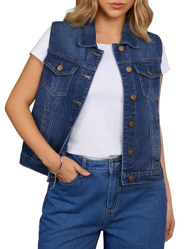Women's Denim Vest Button Down Jacket W Chest Flap Pockets Washed Distressed Sleeveless Jean Jacket