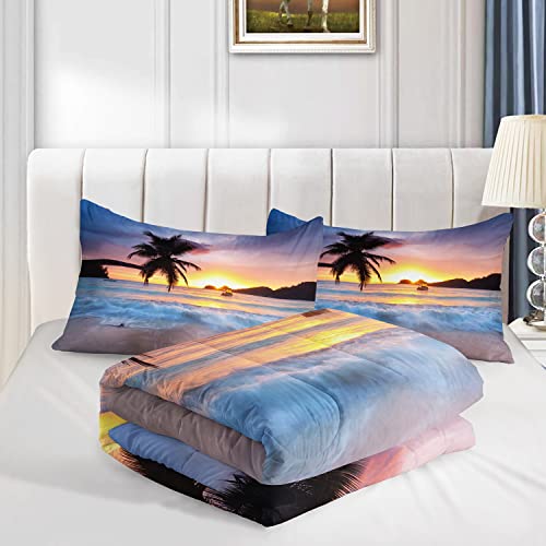 Image of AILONEN Beach Comforter Set for Kids Boys Girls, Ocean Theme Bedding Set Queen Size,Beach Pattern Quilted Duvet,Ultra Soft Coastal Beach Quilt,1 Comforter 2 Pillowcases 3 Piece