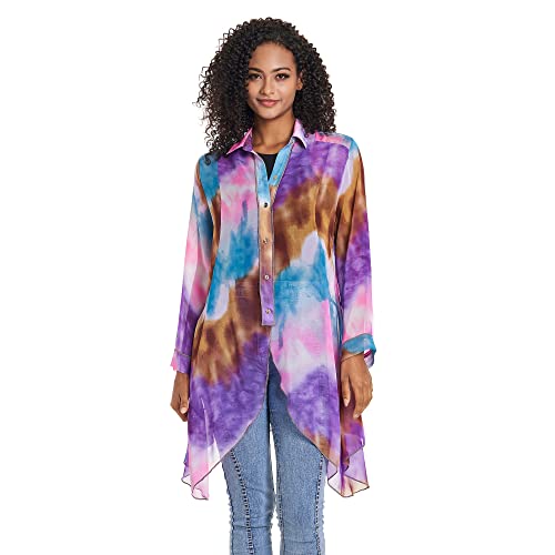 Dikalady Floral Print Shirts Women Long Sleeve Chiffon Soft Blouses & Button-Down Shirts Loose Casual Tunic Tops Breathable Summer Cool Blouses Wrinkle Free (1X) Purple Multi #TOP8
