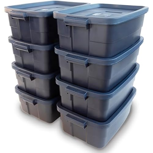 Rubbermaid Roughneck Tote 10 Gal, 8 Pack, Made in USA, Dark Indigo Metallic, Rugged Plastic Stackable Storage Bins with Lids and Handles