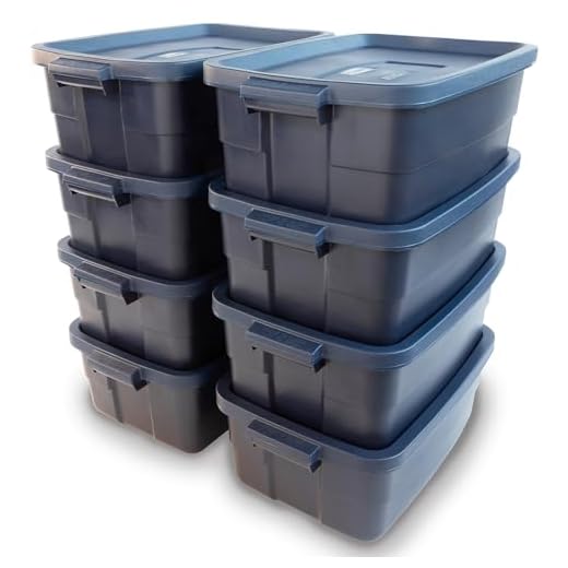 Rubbermaid® Roughneck Storage Tote, 10 Gal, Dark Indigo Metallic, Pack of 8, Rugged, Reusable, Stackable, Container