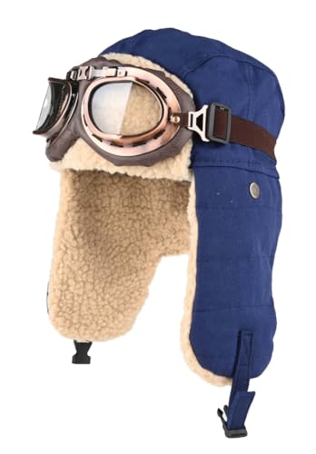 URAWOW Sherpa Aviator Trapper Hat for Men Women Ski Goggles Hunting Ushanka Trooper Russian Hat Plush Retro Faux Fur Navy Blue