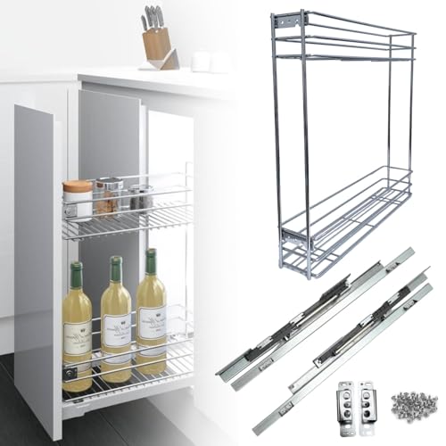 Httxyp Cestello Estraibile Cucina, Carrello Scorrevole Ammortizzato Acciaio Inox Estrazione Totale - Porta Bottiglie Barattoli Utensili (per Modulo 15 CM)