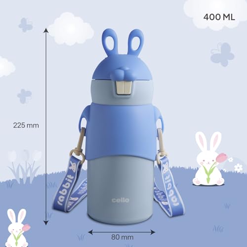 Image of Cello Bunny Kids Stainless Steel Flask 500ml, Blue | Double Walled Vacuum Insulated Technology | One Click Push Button to Open | Ideal for School, Sports, Picnics