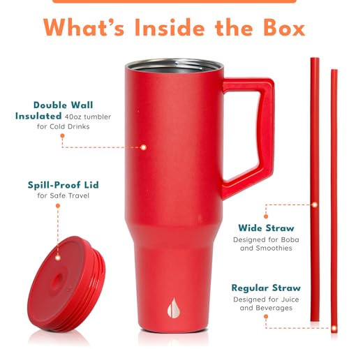Image of Elemental Spill Proof 40oz Insulated Tumbler with Handle & Straw Travel Mug | Stainless Steel Commuter Travel Coffee Mug for Cold Beverages, Includes 2 Straws & a Spill Proof Lid for Everyday Use