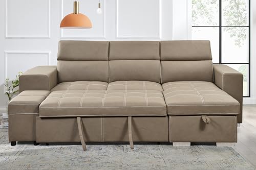 THSUPER 102'' Microfiber L Shaped Sectional Sleeper Sofa Couch with Pullout Bed and Storage Chaise, Convertible Couches with Adjustable Headrest for Living Room, Reversible Chaise. Light Brown
