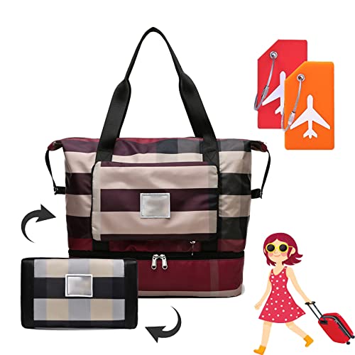 Faltbare Reisetasche für trockene und nasse Trennung, mit 2 Silikon-Gepäckanhängern, erweiterbar, große Kapazität, leicht, wasserdicht, Reisetasche mit Schuhfach, für Reisen, Sport Fitness (rot) Cover