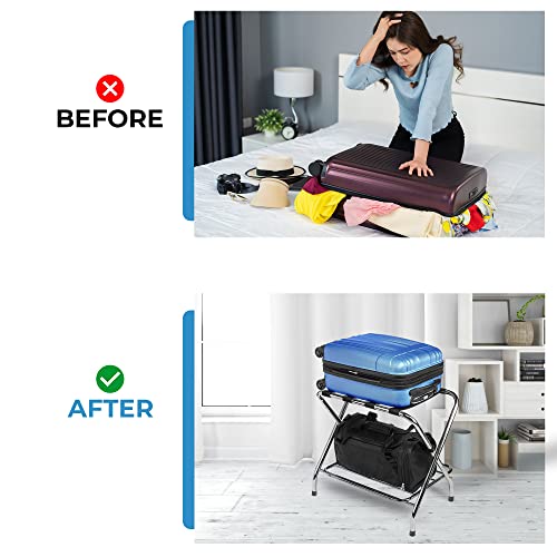 Ustech 2 Tier X-Shape Folding Luggage Rack | Heavy Duty Diy Luggage Stand For Suitcases With Nylon Straps And Rubber Feet For Added Stability | Luggage Rack For Guests, Guest Room & Bedroom #TOP5