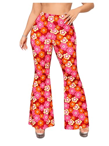 OYOANGLE Women's Plus Size Boho Floral Print Flare Pants Elastic High Waist Skinny Bell Bottoms
